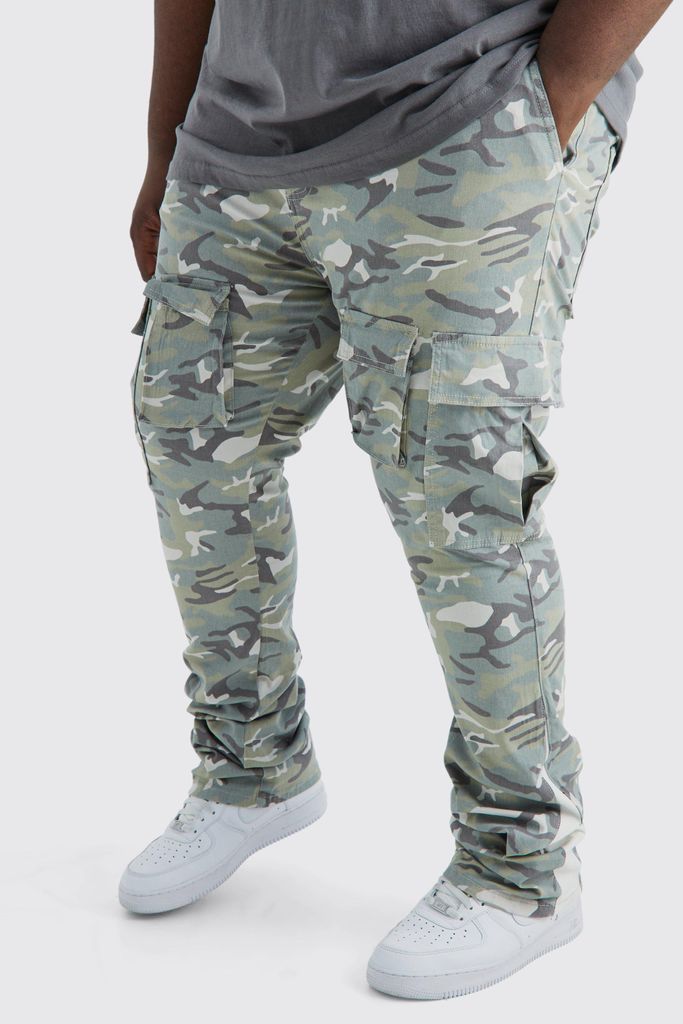 Men's Plus Skinny Stacked Flare Gusset Camo Cargo Trouser - Green - 38, Green