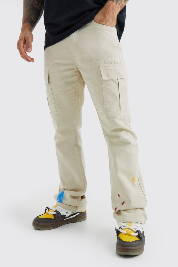Men's Slim Flare All Over Paint Splatter Cargo Trouser - Beige - 28, Beige