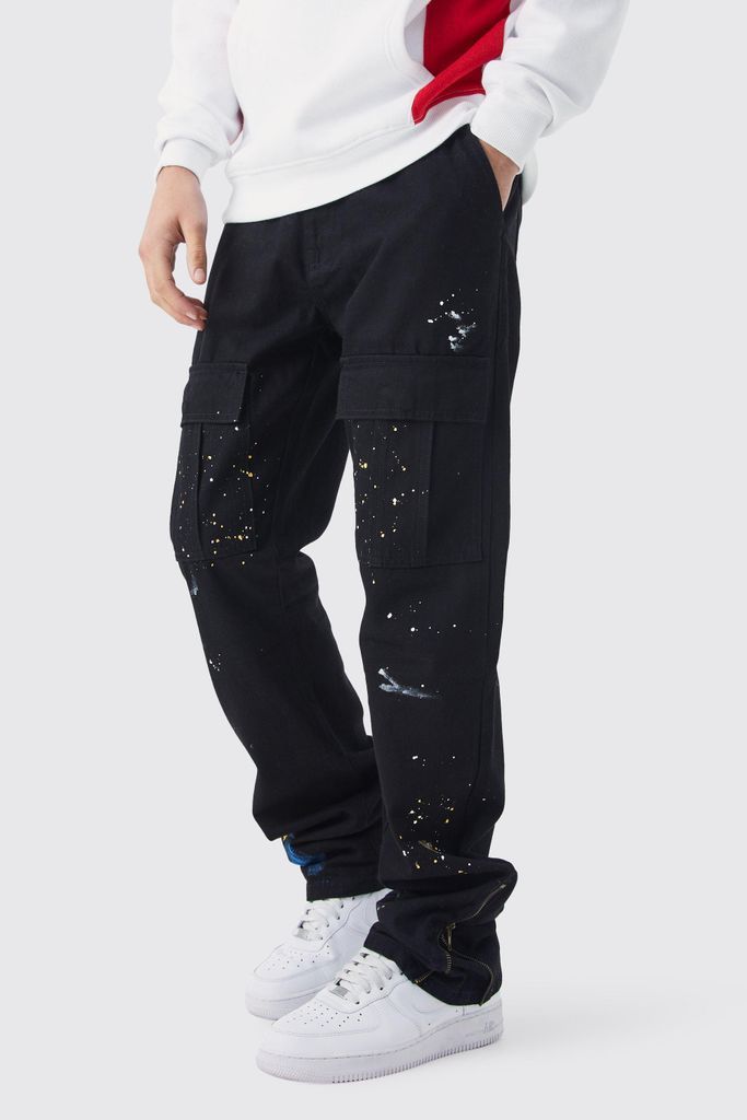 Men's Slim Stacked Zip Flare Paint Splatter Cargo Trouser - Black - 28, Black