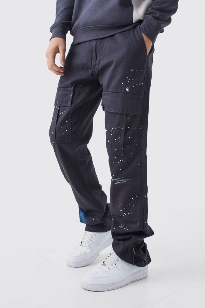 Men's Slim Stacked Zip Flare Paint Splatter Cargo Trouser - Grey - 28, Grey