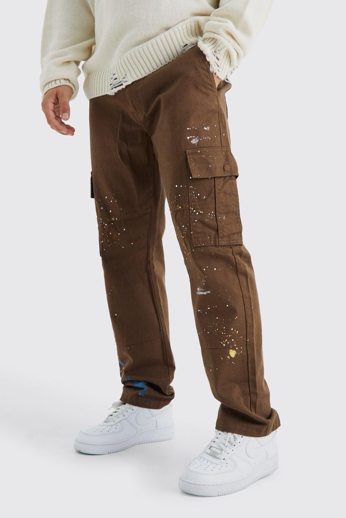 Men's Straight Leg Cargo All Over Paint Splatter Trouser - Brown - 28, Brown