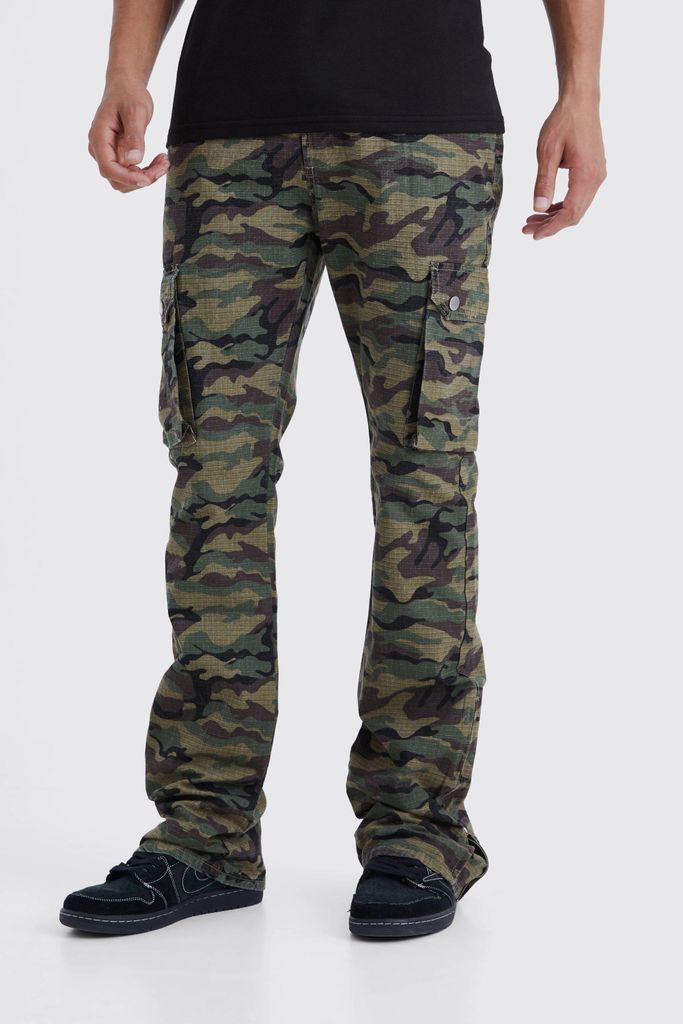 Men's Tall Slim Stacked Zip Gusset Cargo Camo Ripstop Trouser - Green - 30, Green