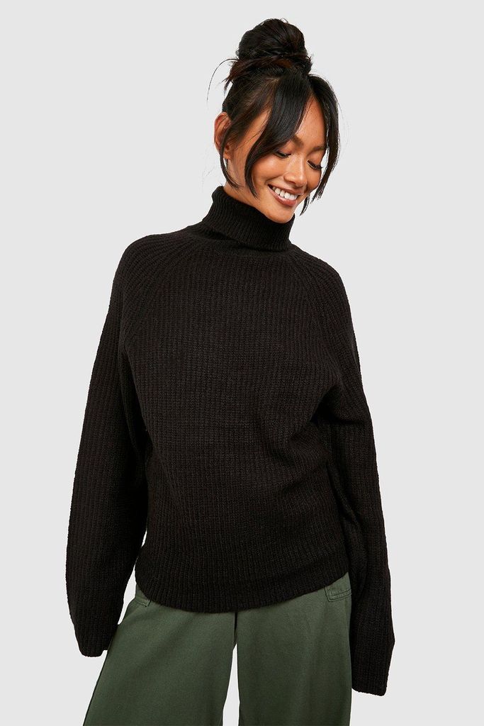 Womens Knitted Roll Neck Jumper With Raglan Sleeve - Black - S, Black