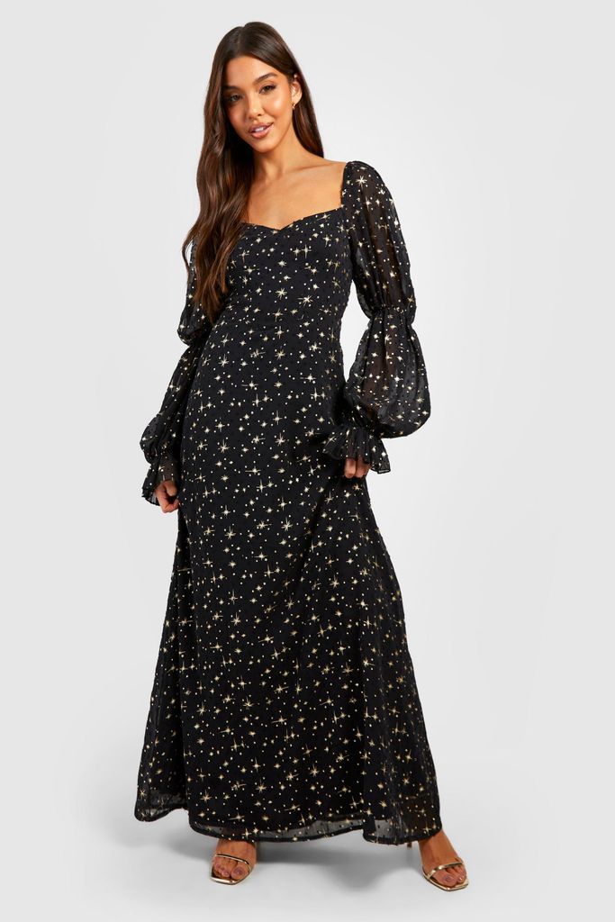 Womens Star Print Chiffon Milkmaid Maxi Dress - Black - 8, Black