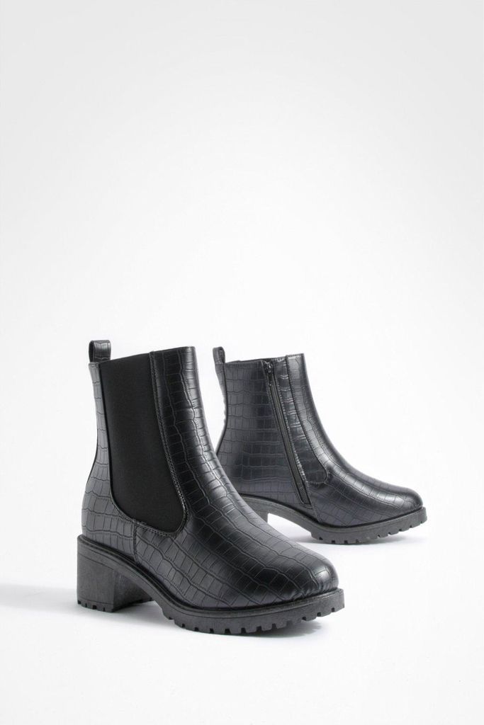 Womens Wide Fit Croc Elastic Panel Tab Detail Chelsea Boots - Black - 4, Black