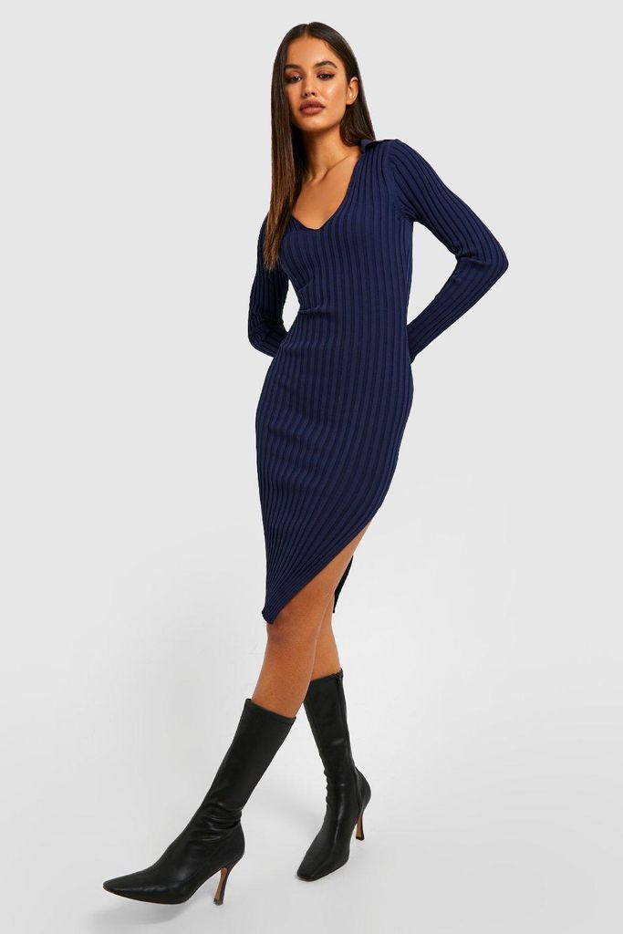 Womens Two Tone Wide Rib Knitted Midaxi Dress - Navy - 10, Navy