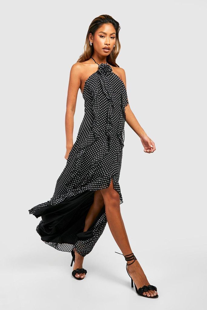 Womens Chiffon Polka Dot Ruffle Maxi Dress - Black - 8, Black