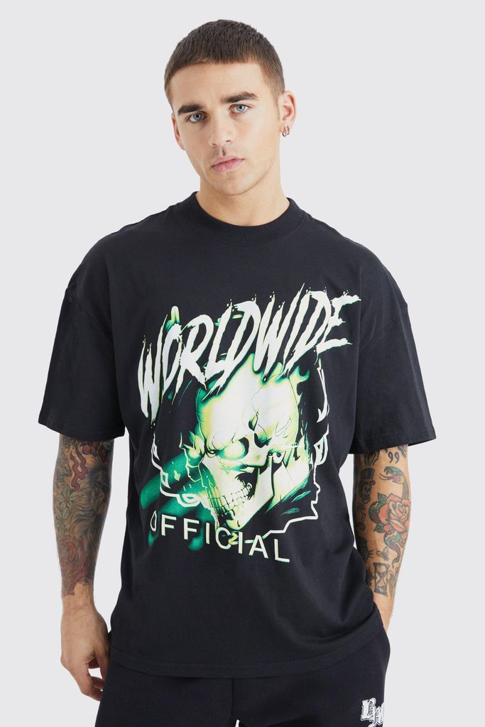 Men's Oversized Worldwide Skull Graphic Ex T-Shirt - Black - S, Black