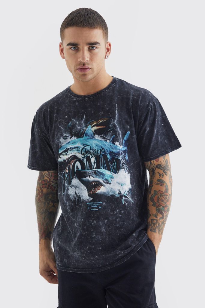 Men's Regular Shark Graphic Wash Graphic T-Shirt - Grey - S, Grey
