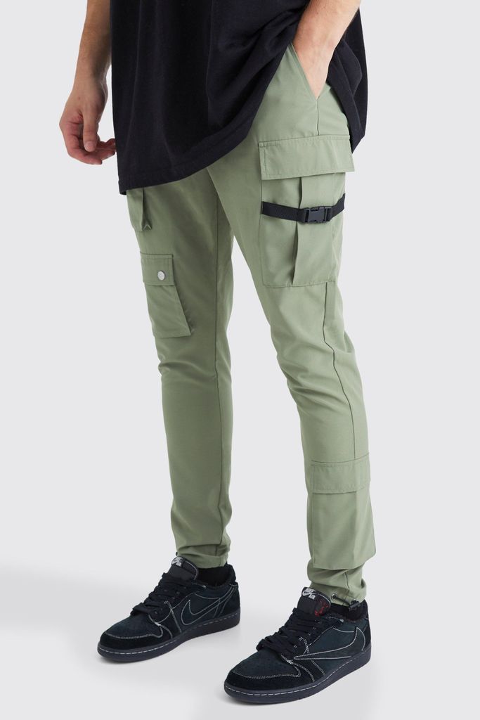 Men's Skinny Multi Pocket Cargo Buckle Trouser - Green - S, Green