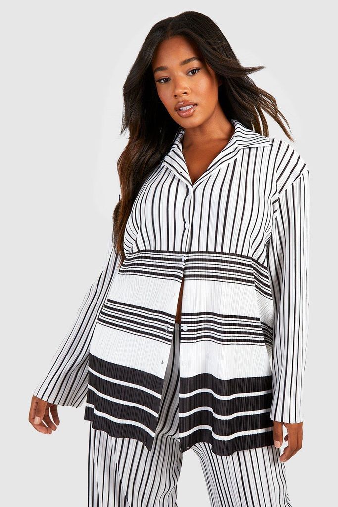 Womens Plus Stripe Plisse Oversized Shirt - Black - 16, Black