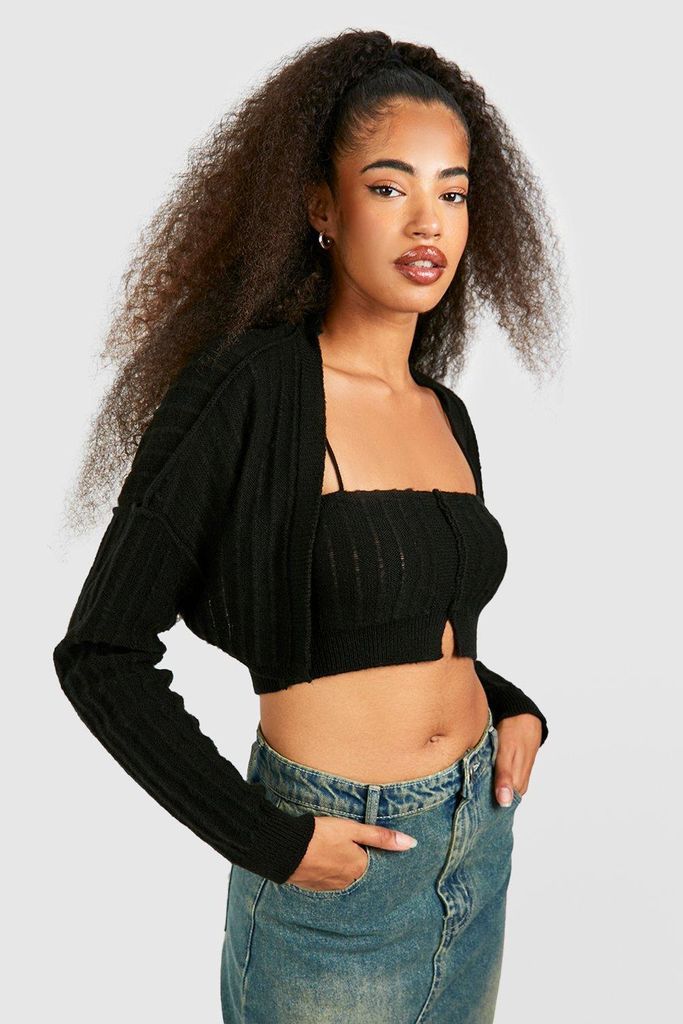 Womens Soft Knit Crop Cardigan And Bralet Co-Ord - Black - S, Black