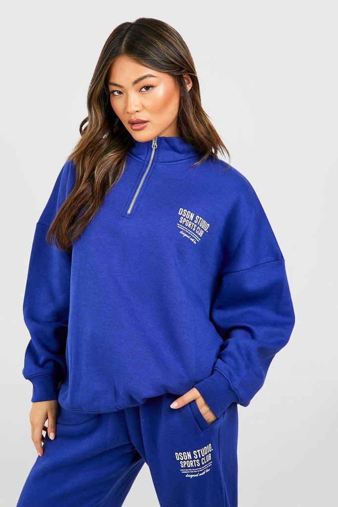 Womens Sports Club Slogan Oversized Half Zip Sweatshirt - Blue - S, Blue
