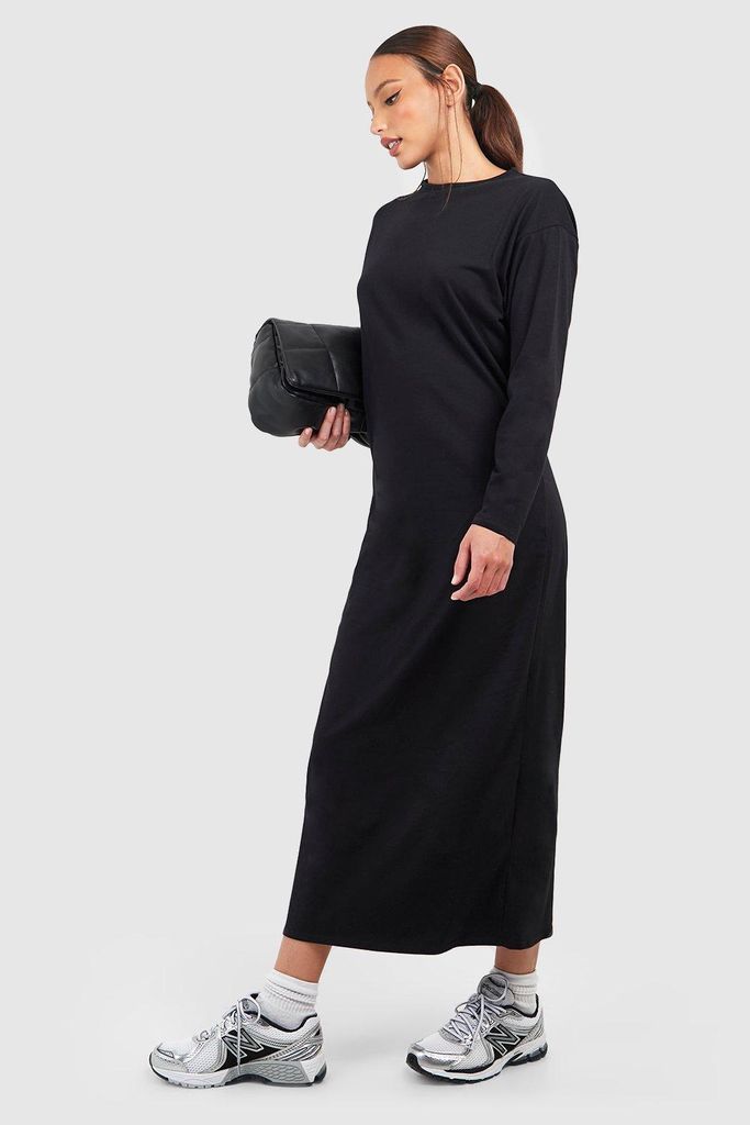 Womens Tall Cotton Longsleeve T-Shirt Column Midaxi Dress - Black - 6, Black