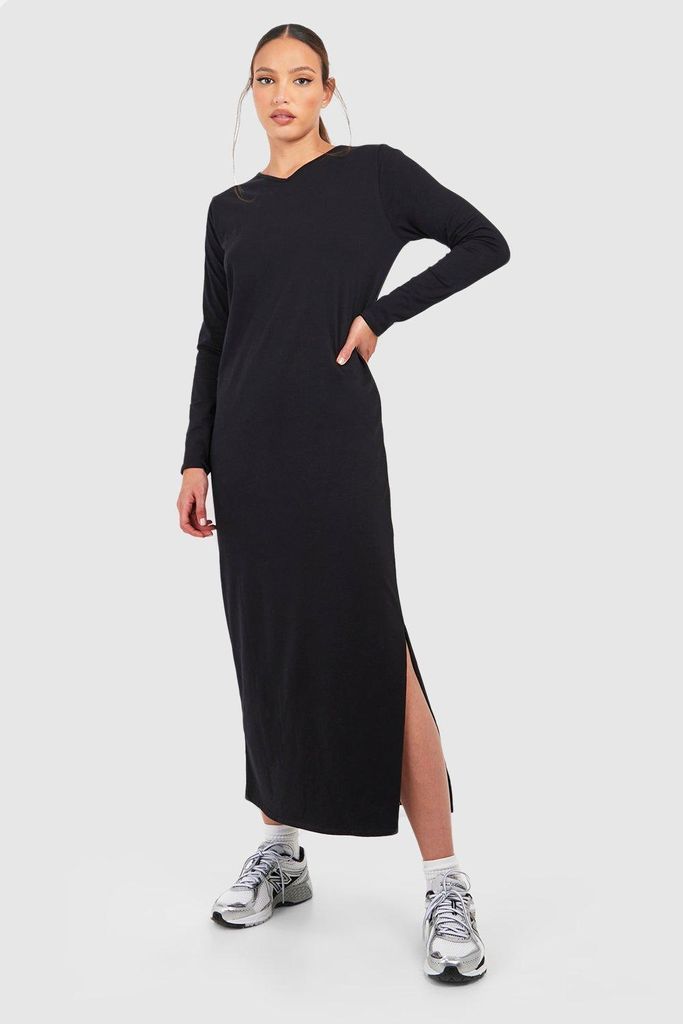 Womens Tall V Neck Cotton Longsleeve T-Shirt Column Midaxi Dress - Black - 6, Black