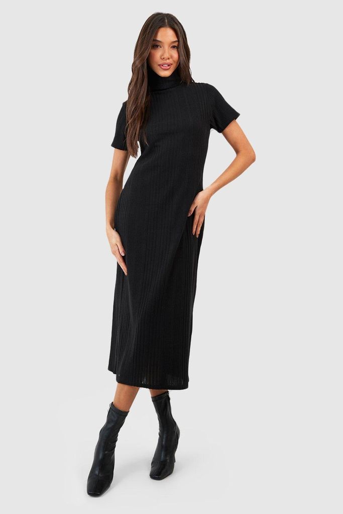 Womens Textured Rib Roll Neck Midi Dress - Black - 8, Black