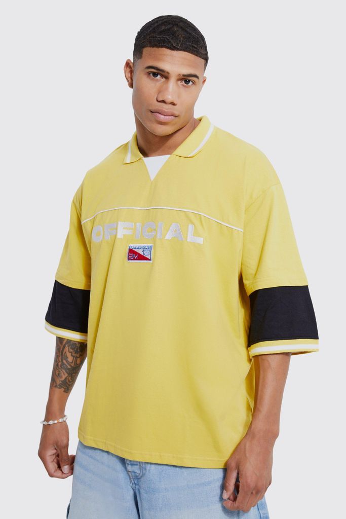 Men's Oversized Piping Detail Contrast Rugby Polo - Yellow - M, Yellow