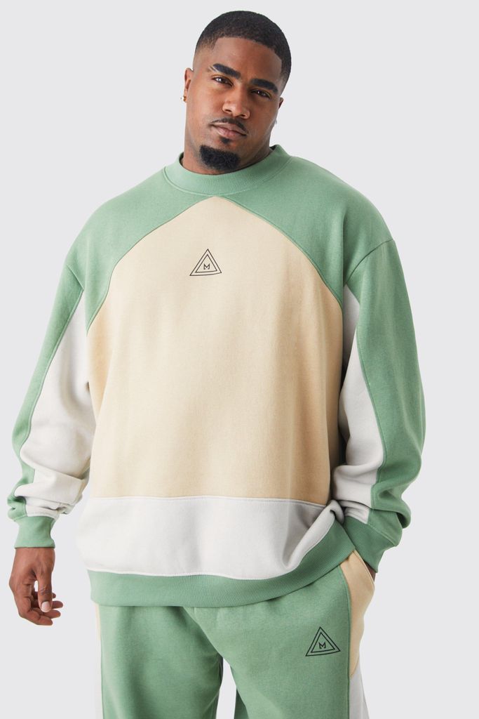 Men's Plus Oversized Branded Colour Block Sweatshirt - Green - Xxxl, Green