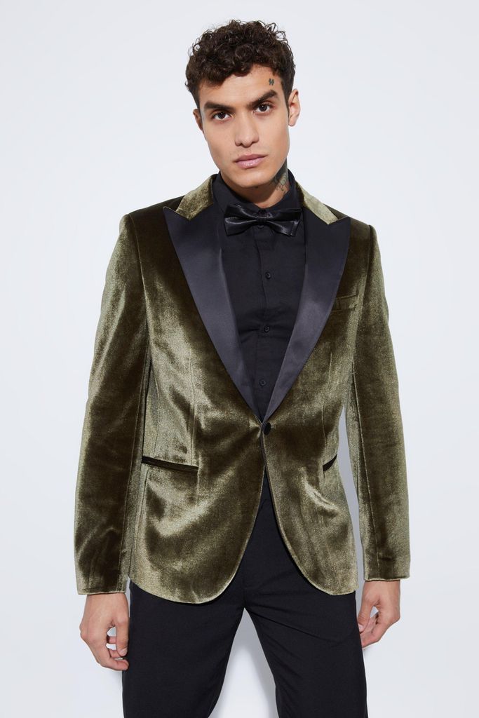 Men's Slim Fit Contrast Lapel Velvet Suit Jacket - Green - 34, Green