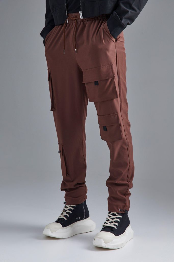 Men's Slim Multi Pocket Cargo Stretch Trouser - Brown - S, Brown