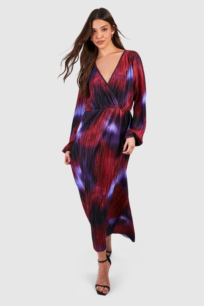 Womens Abstract Plisse Wrap Front Midaxi Dress - Purple - 8, Purple