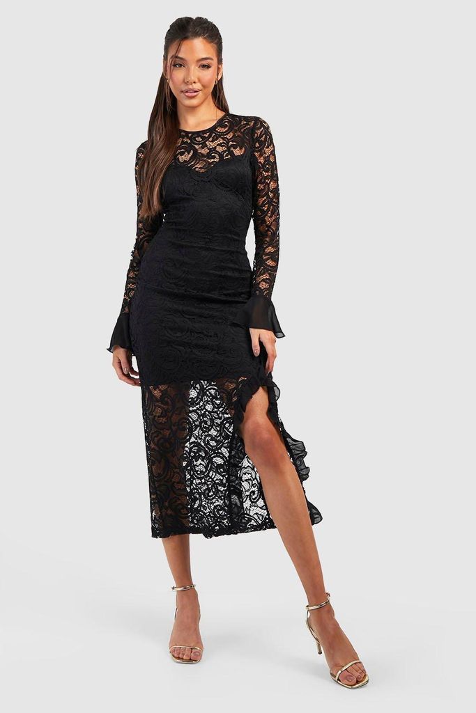 Womens Lace Frill Cuff Midaxi Dress - Black - 8, Black