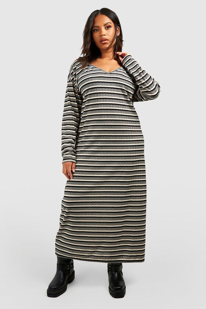 Womens Plus Rib Knitted Stripe Midaxi Dress - Beige - 16, Beige