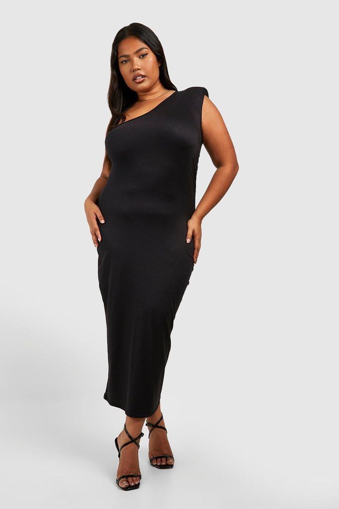 Womens Plus Super Soft Shoulder Pad Ruched Midaxi Dress - Black - 16, Black