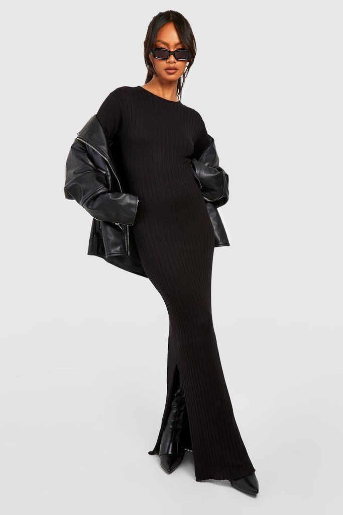 Womens Wide Rib Crew Neck Knitted Maxi Dress - Black - 8, Black