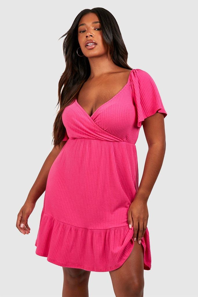 Womens Plus Soft Rib Wrap Tiered Smock Dress - Pink - 16, Pink