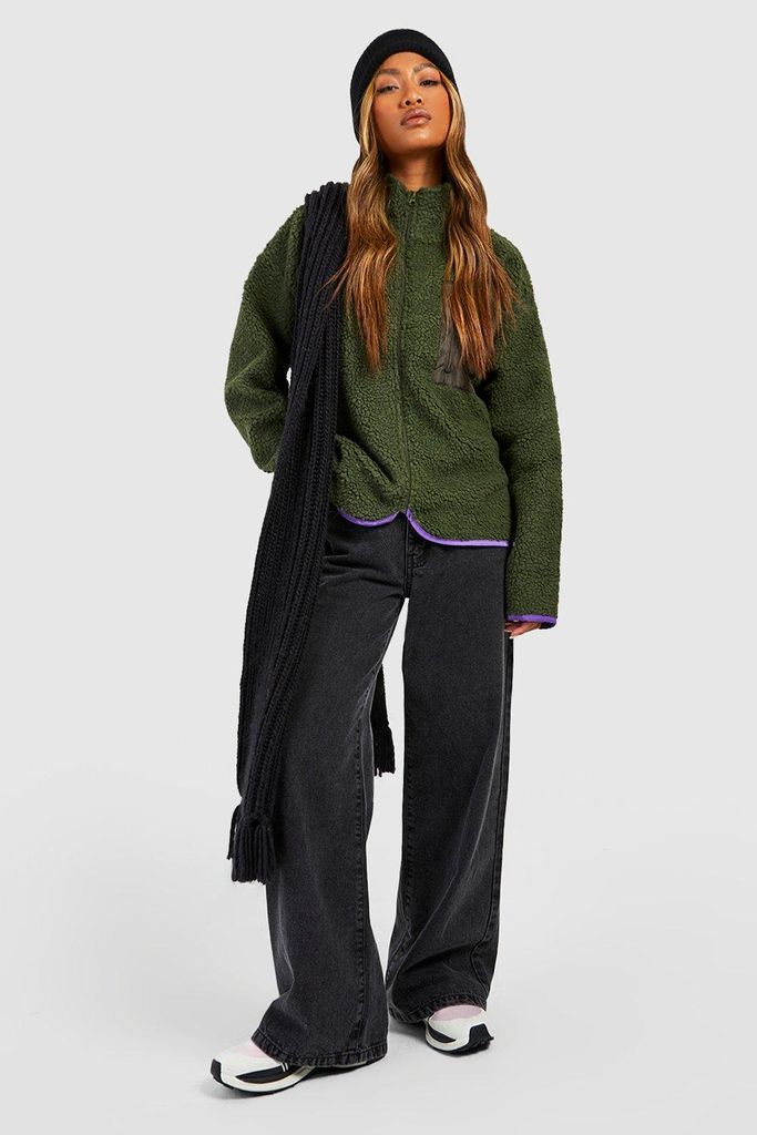 Womens Contrast Nylon Pocket Teddy Zip Jacket - Green - 8, Green