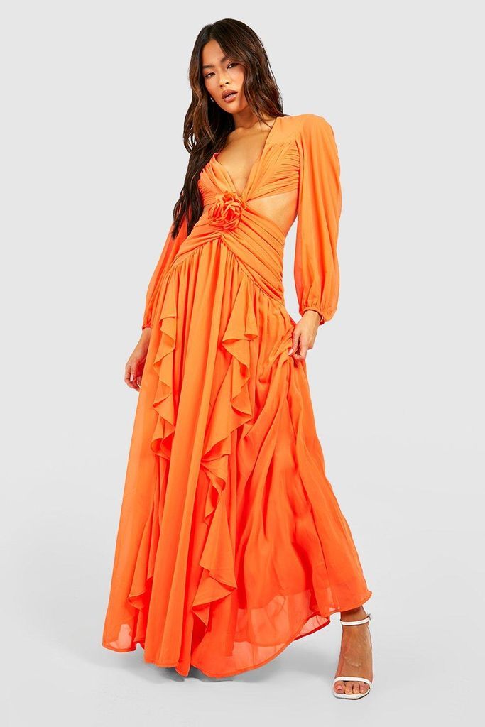 Womens Rose Corsage Detail Ruffle Maxi Dress - Orange - 14, Orange