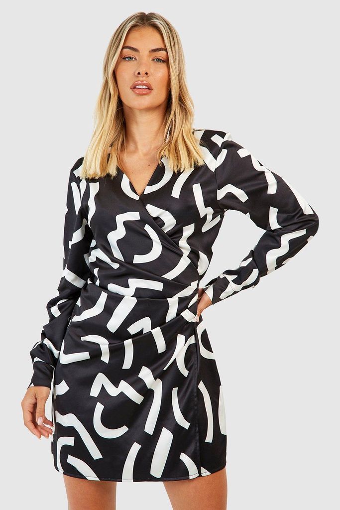 Womens Mono Abstract Wrap Shirt Dress - Black - 8, Black