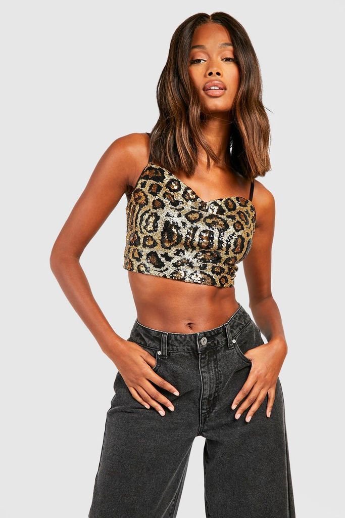 Womens Leopard Sequin Cowl Cami - Gold - 6, Gold