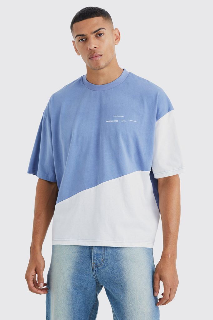 Men's Oversized Boxy Diagonal Colour Block T-Shirt - Blue - S, Blue