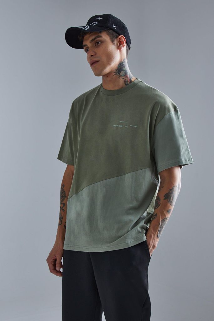 Men's Oversized Diagonal Colour Block T-Shirt - Green - S, Green