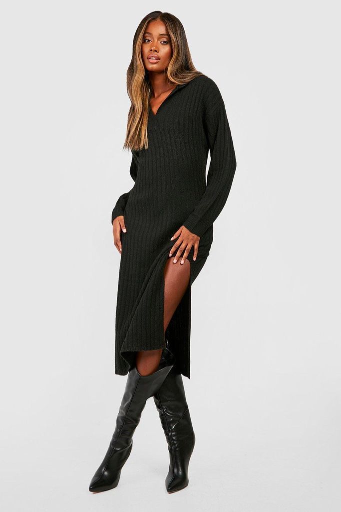 Womens Wide Rib Knit Collared Soft Jumper Dress - Black - S, Black