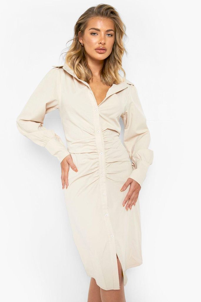 Womens Cotton Rouched Front Midi Shirt Dress - Beige - 8, Beige