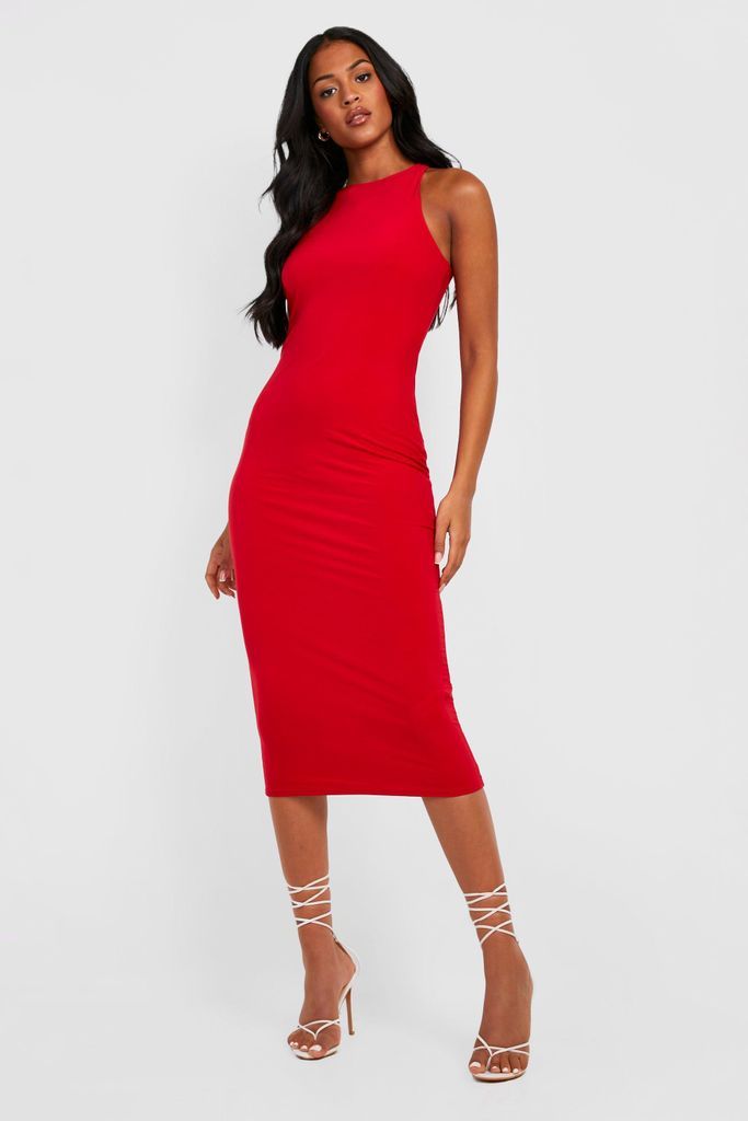 Womens Tall Double Layer Slinky Racer Neck Midi Dress - Red - 14, Red