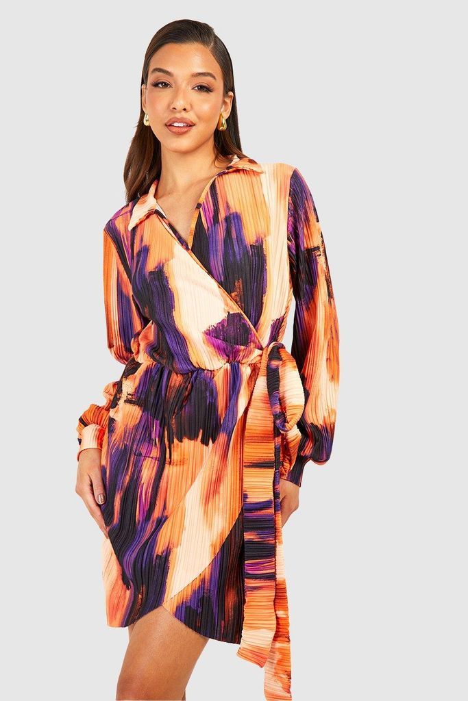 Womens Abstract Plisse Wrap Shirt Dress - Multi - 8, Multi