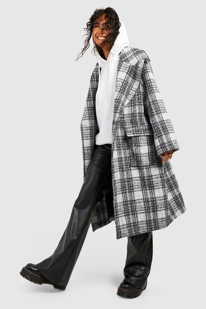 Womens Check Shoulder Detail Midaxi Wool Look Coat - Grey - 8, Grey
