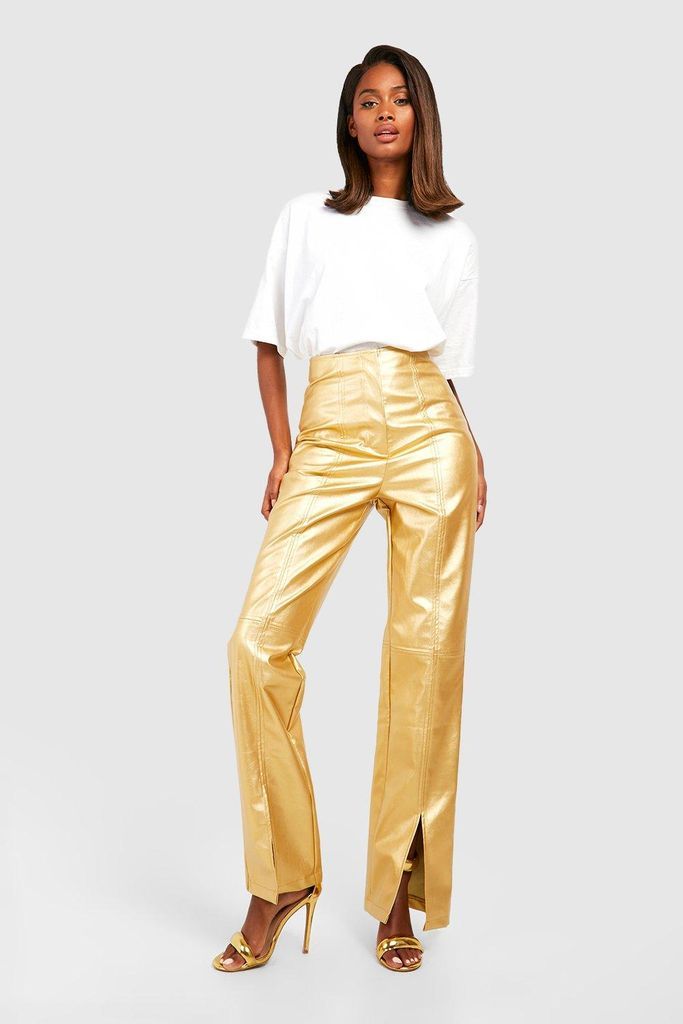 Womens Matte Metallic Leather Look Split Front Trousers - Gold - 6, Gold