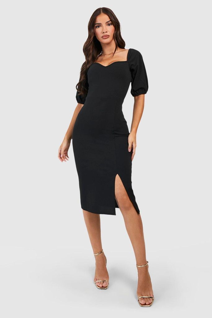 Womens Puff Sleeve Sweetheart Neck Midi Dress - Black - 8, Black