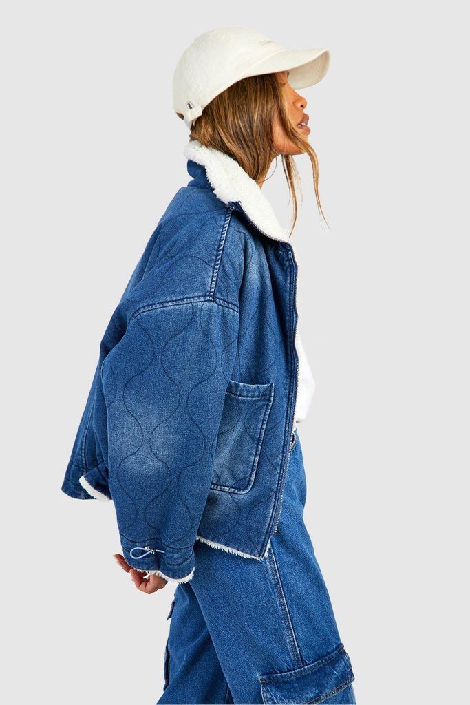 Womens Quilted Borg Lined Denim Jacket - Blue - 6, Blue
