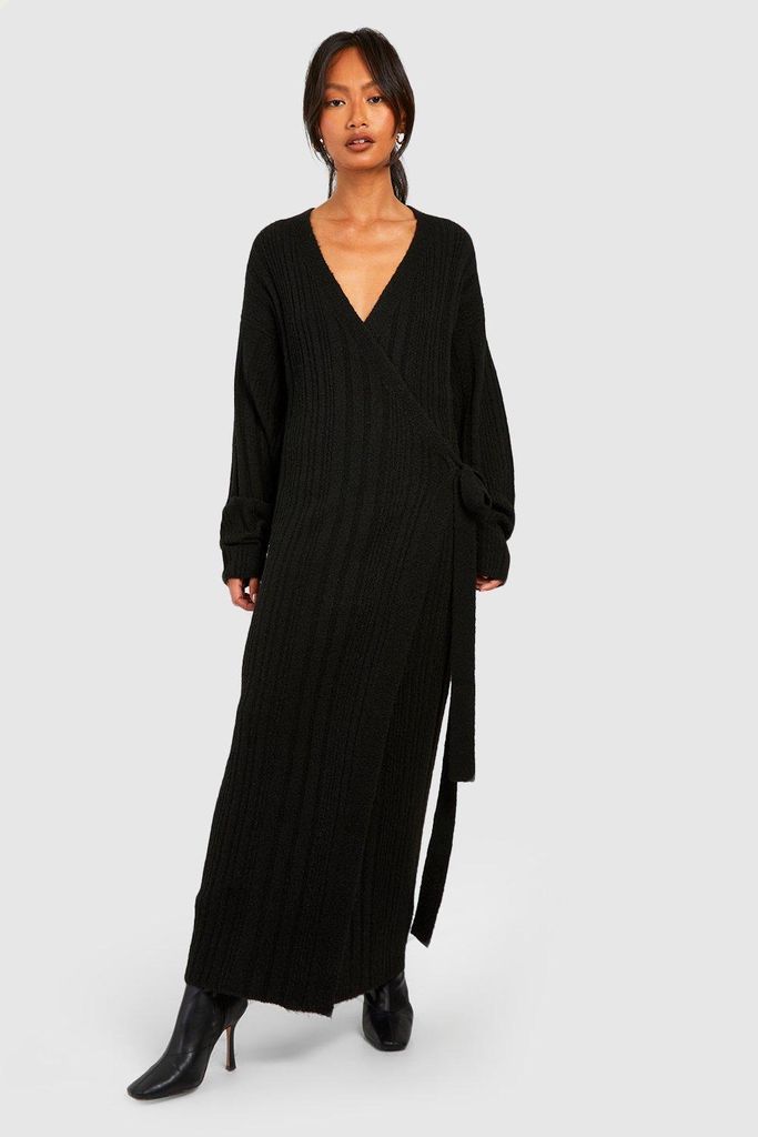 Womens Soft Mixed Rib Knit Belted Maxi Jumper Dress - Black - S, Black