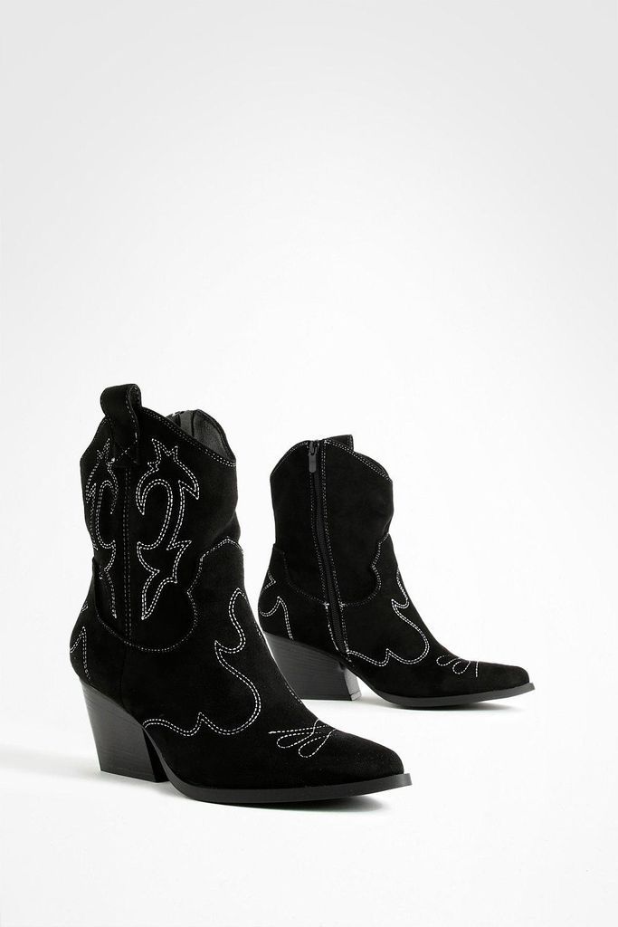 Womens Stitch Detail Ankle Western Cowboy Boots - Black - 4, Black
