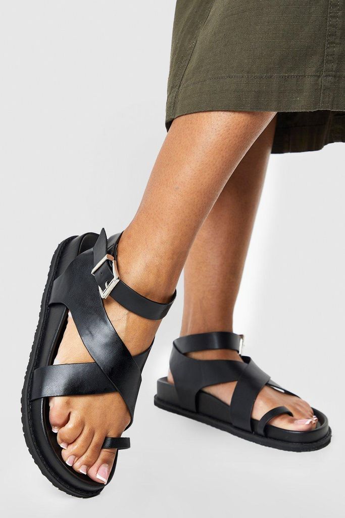 Womens Wide Fit Cross Strap Toe Post Sandals - Black - 4, Black