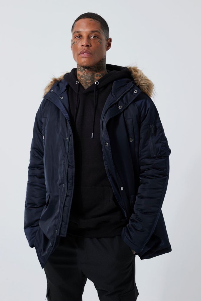 Men's Satin Rouched Parka With Faux Fur Trim Hood - Navy - Xs, Navy