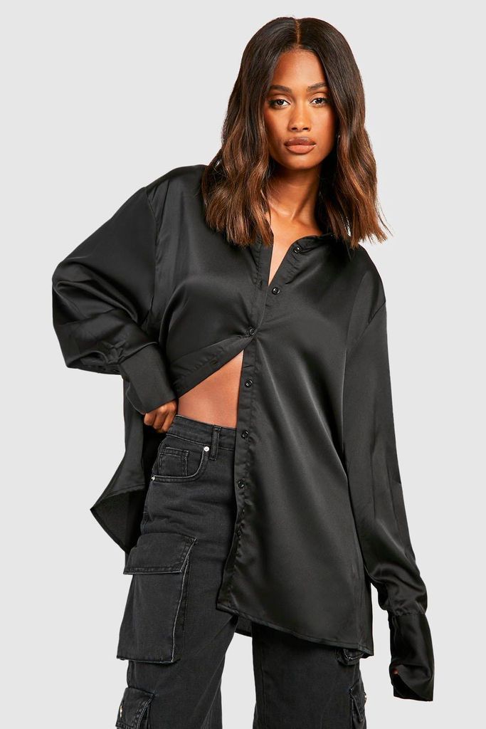 Womens Oversized Satin Deep Cuff Shirt - Black - 6, Black