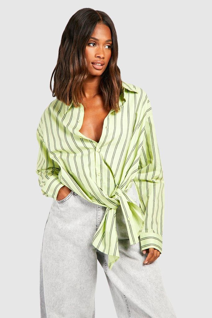 Womens Stripe Tie Side Shirt - Green - 6, Green